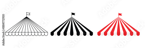 Circus tent icon set featuring striped big top carnival. icon with red and flat black, outline stripes and flag. 