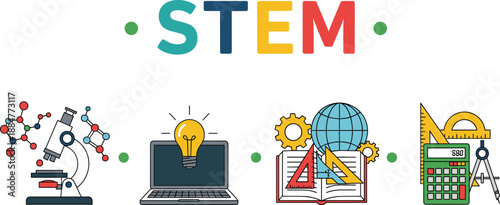 Colorful STEM education vector illustration with microscope laptop lightbulb book and mathematics tools icons isolated on a white background.