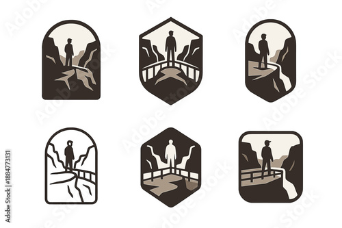 Canyon Logo Variations. Canyon overlook. Set Logo of Canyon overlook: cliff-edge railing. harmonious logo variations of the same emblematic concept, each with