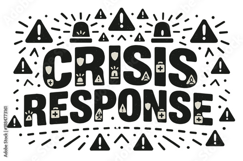 Emergency Display Letters. Decorative Display Lettering ? "Crisis Response" with silhouette letters containing tiny sirens, shields, emergency kits, and hazard