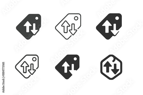Inflation Deflation Icons. Inflation and deflation. Icon set. Set Logo of Inflation and deflation: price tag with up and down arrows. harmonious logo