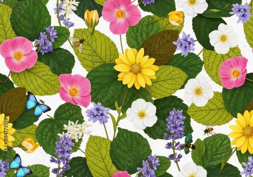 Seamless pattern of delicate summer flowers and lush foliage, perfect for digital wrapping paper or textile printing, textile, bloom, digital