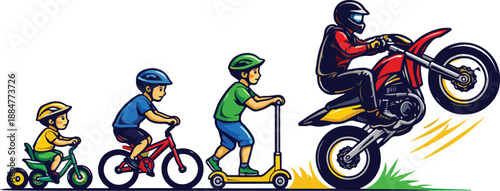 children riding bicycles and scooter with motorbike