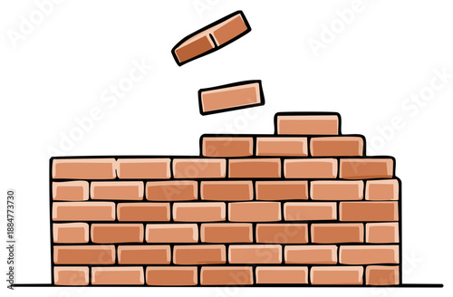 Cartoon illustration of red bricks falling to construct a new brick wall section