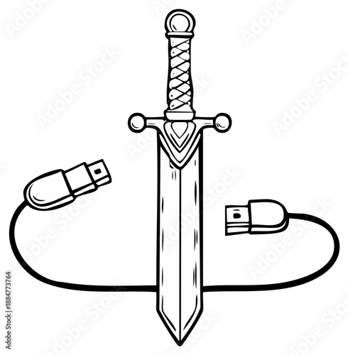 Cybersecurity sword with USB cable drawing, digital data protection concept, vector illustration