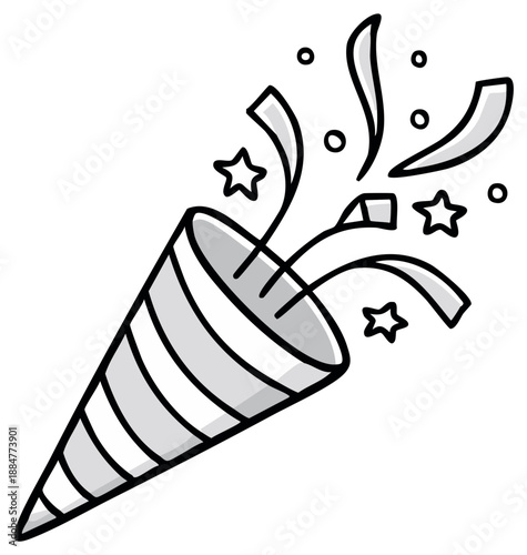 Hand drawn illustration of a party popper exploding with confetti and stars