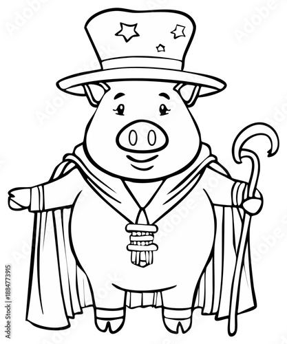 Cartoon pig in a magician's outfit, holding a cane, black and white outline.