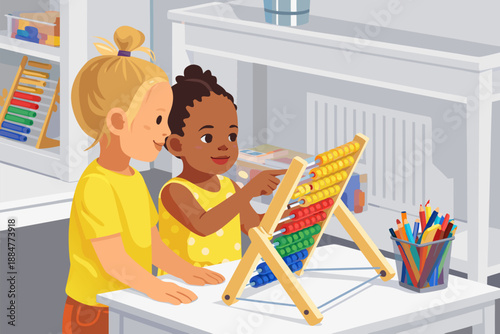 Children exploring geography using a large globe in a colorful classroom.