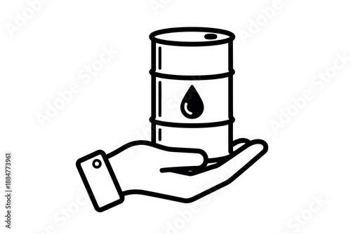 A hand holding an oil barrel with a drop of oil on it, symbolizing energy and resources
