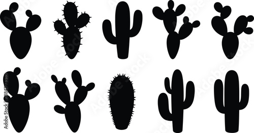 Cactus Silhouette Collection Featuring Ten Unique Desert Plant Shapes Including Saguaro, Prickly Pear, and Oval Variants