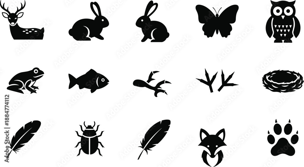 Fototapeta premium Mixed Animal and Nature Silhouette Collection Featuring Deer, Rabbit, Owl, Fish, Fox, Feather, Tracks, and More