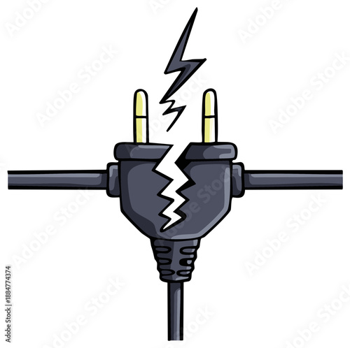 Broken electrical plug with lightning bolt and power cord, concept of energy failure or short circuit