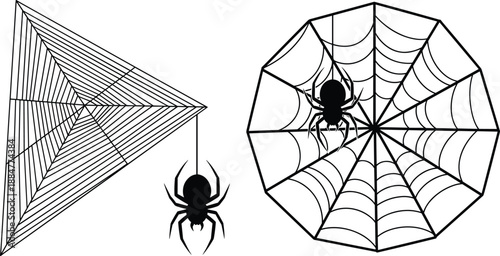 Black silhouette spider web illustration set featuring geometric cobweb designs and spiders for Halloween themes, gothic decor, tattoo art, and vector graphic projects