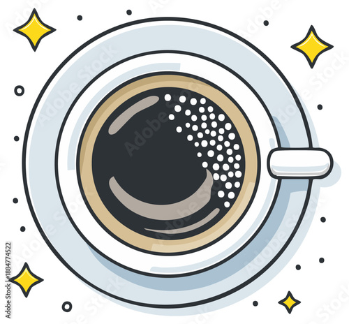 Overhead view of a steaming coffee cup with foam and sparkling stars, flat illustration