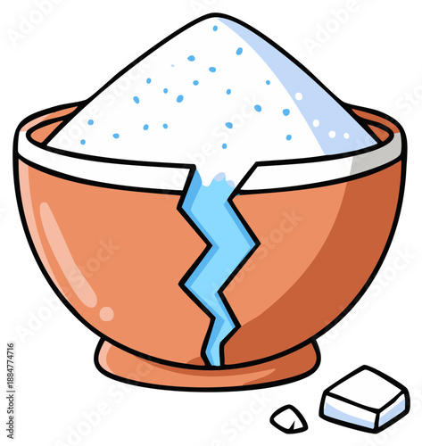Cartoon style illustration of a cracked bowl filled with white sugar powder and sugar cubes sitting next to it