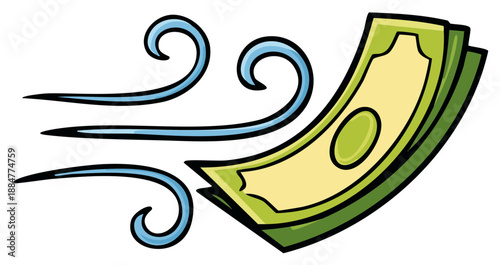 Cartoon Money Blowing in the Wind Symbolizing Spending or Finances