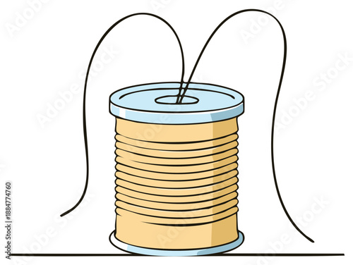 Cartoon Illustration of a Spool of Thread with Needle and Black Thread