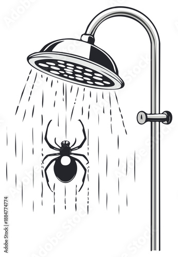 Shower Head with Falling Water and a Suspended Spider creating humorous Scene