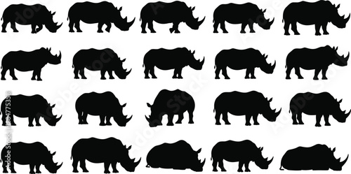 Rhinoceros Silhouette Collection Featuring 20 Unique Poses Including Standing, Walking, Grazing, and Resting for Wildlife Design Themes