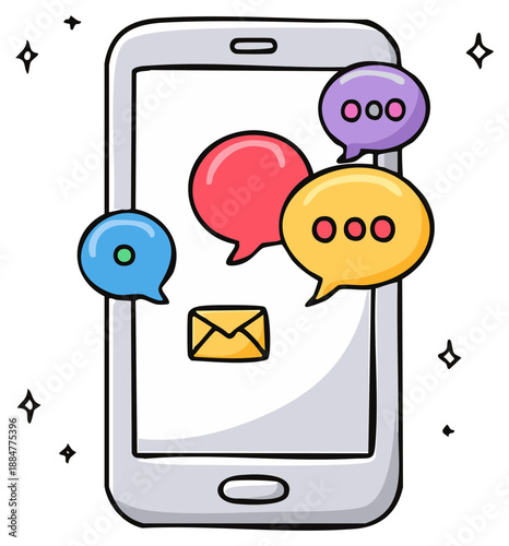 Smartphone displaying speech bubbles and email messages notification cartoon style