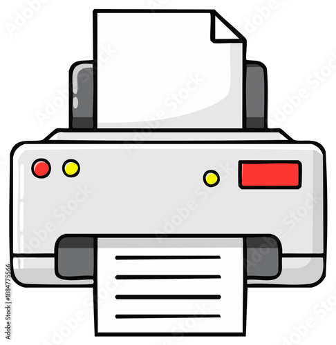 Modern office printer machine creating paper document with clean design and simple illustration style