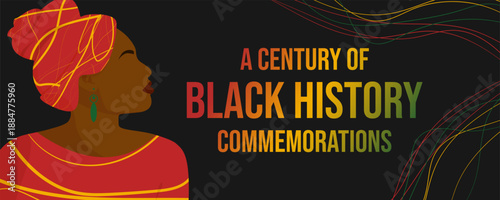 A banner featuring a close-up of a Black woman in a face-off style. About Black History Month. Template for social media, flyers, postcards, etc.