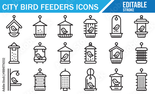 City bird food containers and houses line art. Vector icon set for birdwatching and nature themes.