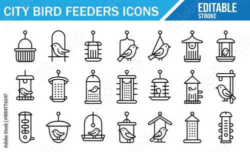 Collection of hanging bird feeder outlines. Editable stroke vector icons for wildlife care.