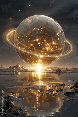 Giant Golden Ringed Planet over Alien Ocean