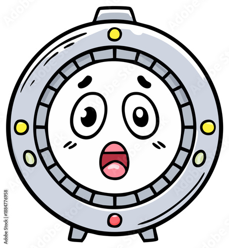 Cartoon clock face with surprised expression, open mouth