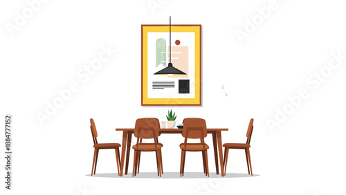 Modern dining room interior with a wooden table, four chairs, a small plant, and an abstract framed art piece with a hanging lamp, minimalist design.