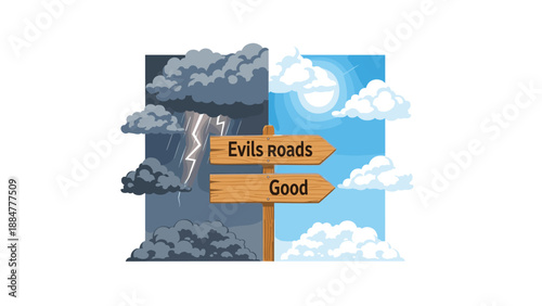 Wooden signpost indicating "Evils Roads" on the left under a stormy sky with lightning and "Good" on the right under a clear, sunny sky, representing a moral choice.