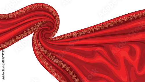 Luxurious red silk fabric with intricate golden ornamental trim, elegantly draped and swirling gracefully against a pure white background, showcasing richness and fluidity.