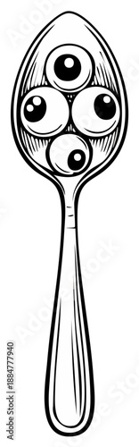 Creepy Spoon Full of Eyes Drawing Halloween Horror Black and White Etching