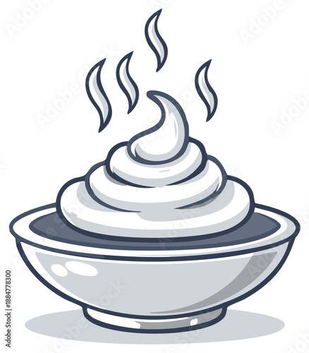 Whimsical cartoon of a steaming bowl of delicious whipped cream dessert illustration
