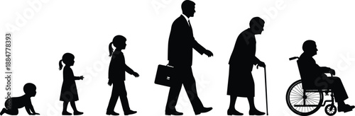 Human life cycle silhouettes from crawling baby to elderly person in wheelchair, illustrating aging, growth, life stages, disability awareness, and the passage of time concept
