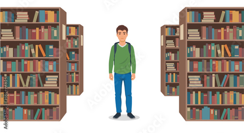 Young male student with a backpack standing confidently between two towering, overflowing bookshelves in a library, representing knowledge acquisition and academic pursuits.