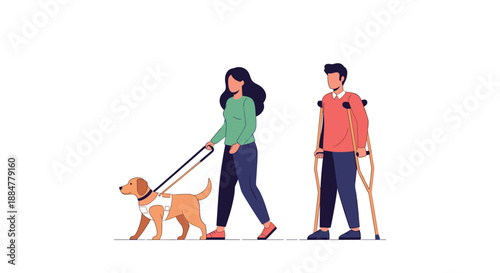 A visually impaired woman guided by her service dog walking alongside a man using crutches, symbolizing support, accessibility, and living with disabilities.