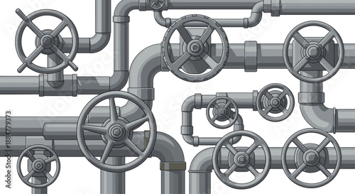 Seamless pattern created from an array of industrial pipes and grey handwheel valves, forming a repeating mechanical background, suitable for engineering and industrial themes.