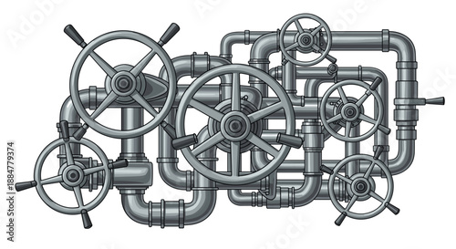 Extensive industrial piping system with multiple grey handwheel valves and interconnected pipes, depicting a complex network for managing flow in industrial processes.