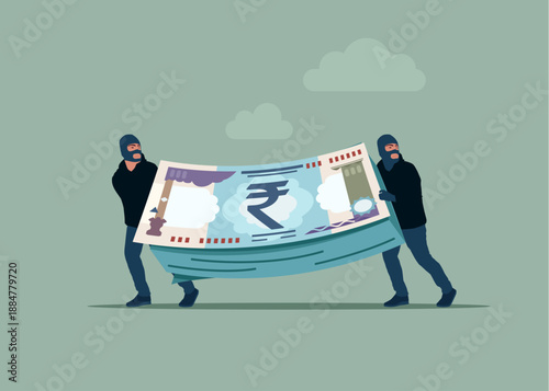 Thieves stealing rupee money stack with a check, burglars with money. Fraud and failure business. Modern vector illustration in flat style