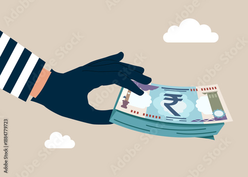 Hand in a black glove holding banknotes. Thief stealing Rupee banknote money stack with a check, burglar with money. Fraud and failure business. Modern vector illustration in flat style
