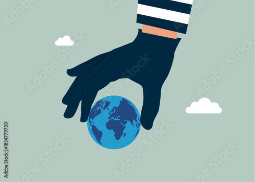 Hand in a black glove holding planet earth. Thief stealing world. Modern vector illustration in flat style