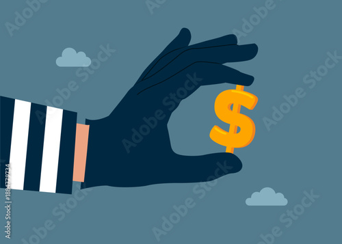 Thief stealing dollar symbol, burglar with money. Fraud and failure business. Vector illustration