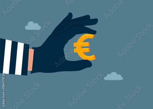 Hand in a black glove holding sign euro.  Thief stealing euro symbol, burglar with money. Fraud and failure business. Flat vector illustration