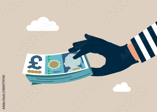Hand in a black glove holding banknotes. Thief stealing British pound banknote money stack with a check, burglars with money. Fraud and failure business. Modern vector illustration in flat style
