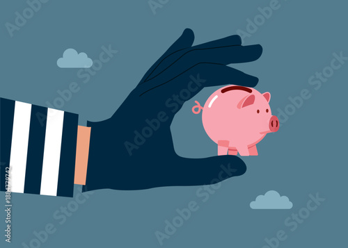 Hand in a black glove holding piggy bank. Thief stealing piggy bank, burglar with money. Fraud and failure business. Flat vector illustration
