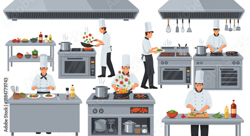 Dynamic scene of multiple professional chefs actively working at different stations in a bustling industrial kitchen, demonstrating culinary expertise and teamwork in food preparation.