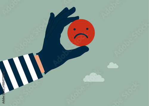 Hand in a black glove holding negatively face emoji. Thief stealing sticker. Theft of property. Modern vector illustration in flat style