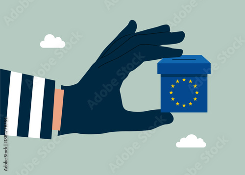 Voting in European Union. Thief stealing vote, burglar with paper ballots to election box. Vector illustration 